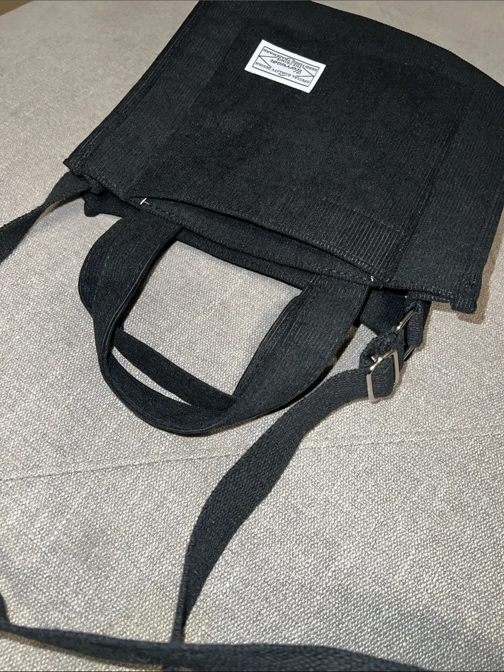 Black Corduroy Crossbody Tote Bag with Front Patch - Uerruam